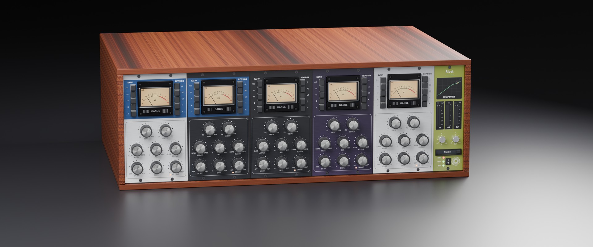 Rivet -- five revisions shown as a rack of units