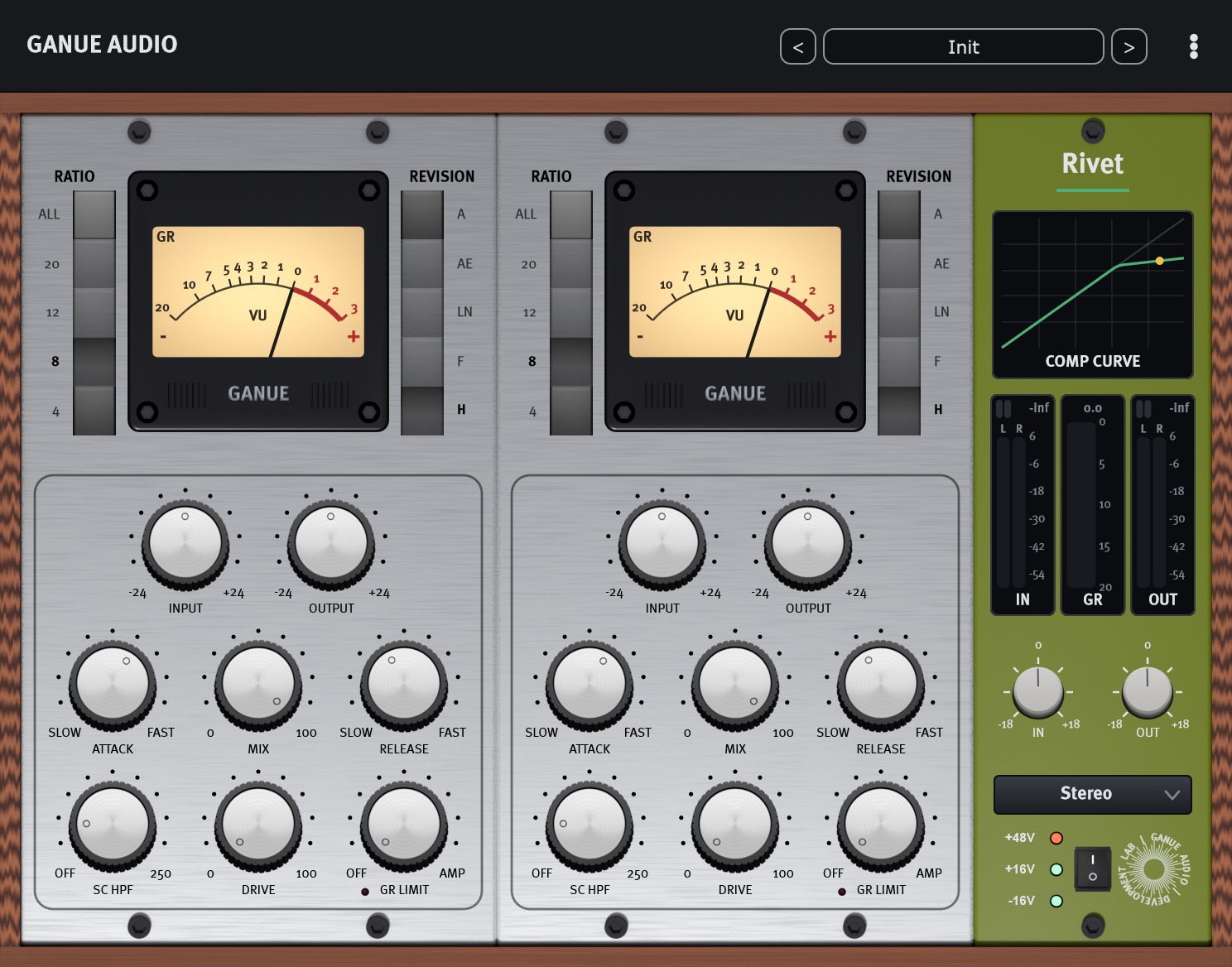 Rivet plugin interface: INPUT and OUTPUT, REVISION selector, ratios, attack and release, metering and displays